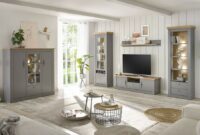 Landhaus Wohnzimmer Set mit LED Beleuchtung in grau mit Artisan Eiche Nb